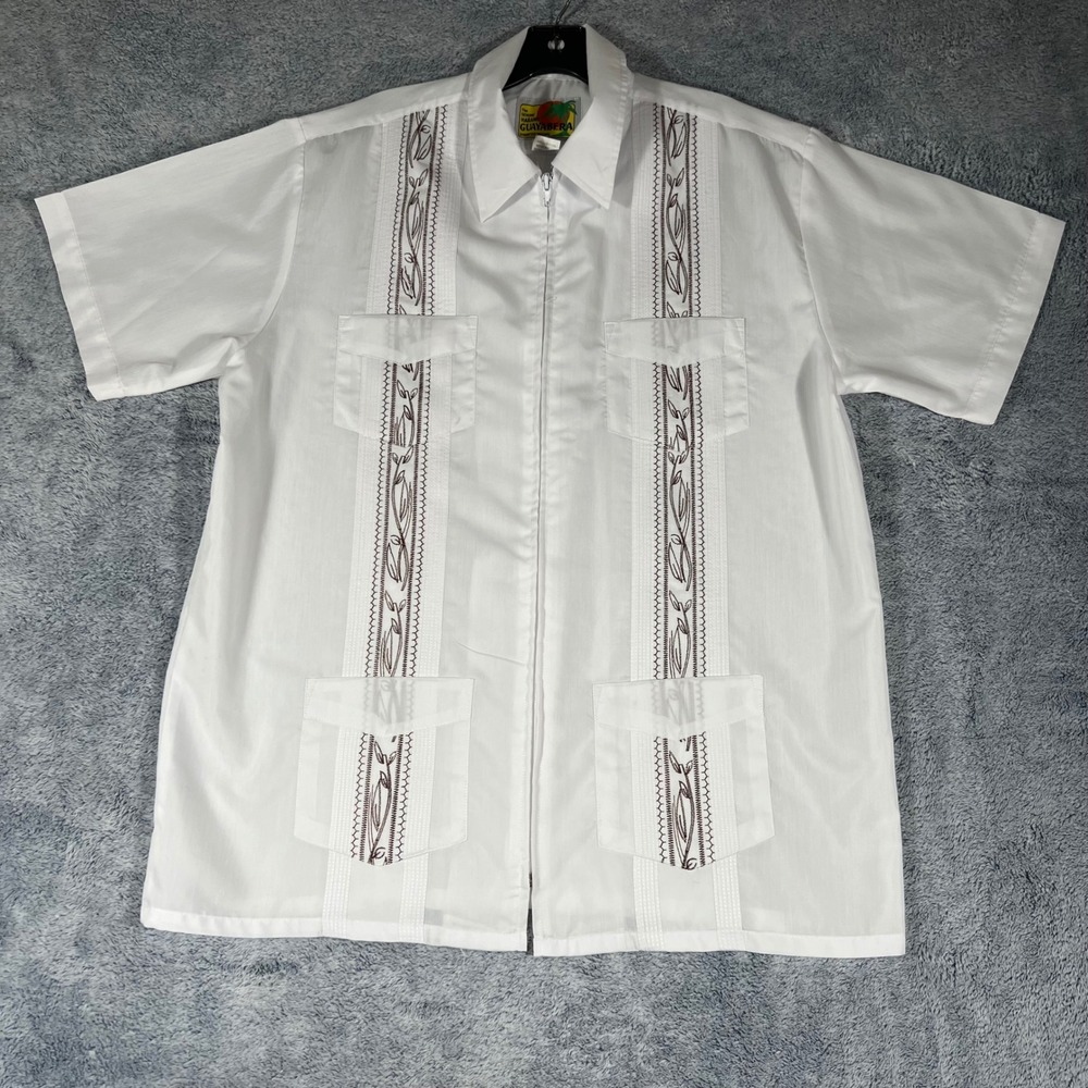Haband Guayabera Mens White Zip Front Short Sleeve Embroidered Shirt Size M